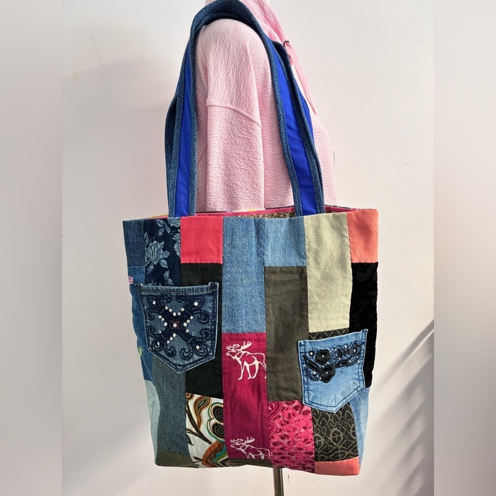 Handmade/Upcycled Shoulder Tote, Multicolored, Handstitched, Lined